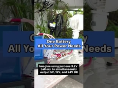 Satu baterai 3.2V memberi daya 5V/12V/24V DC & 110V/220V AC. Inverter 300W bawaan menangani semua perangkat sim